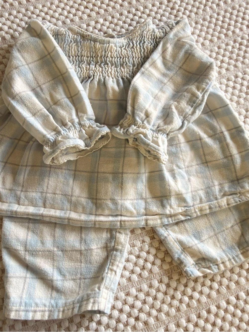Smocked Plaid Kids Pajama Set in Light Blue and Cream